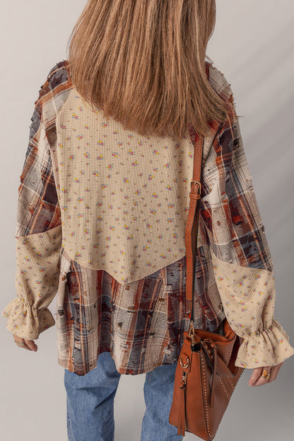 Boho Floral Plaid Patchwork Distressed Detail Ruffled Sleeve Waffle Knit Shacket