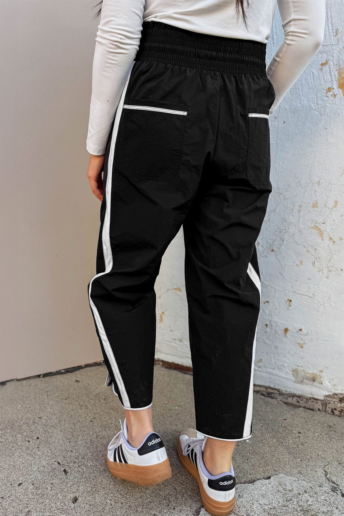 Black Contrast Striped Smocked Waist Drawstring Cropped Casual Pants - Loving It Shop
