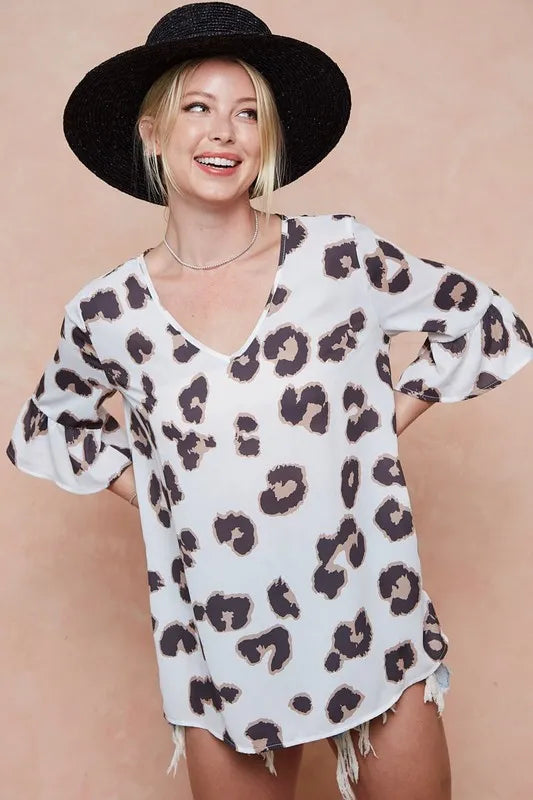 Leopard Printed V Neck Woven Top with Ruffled