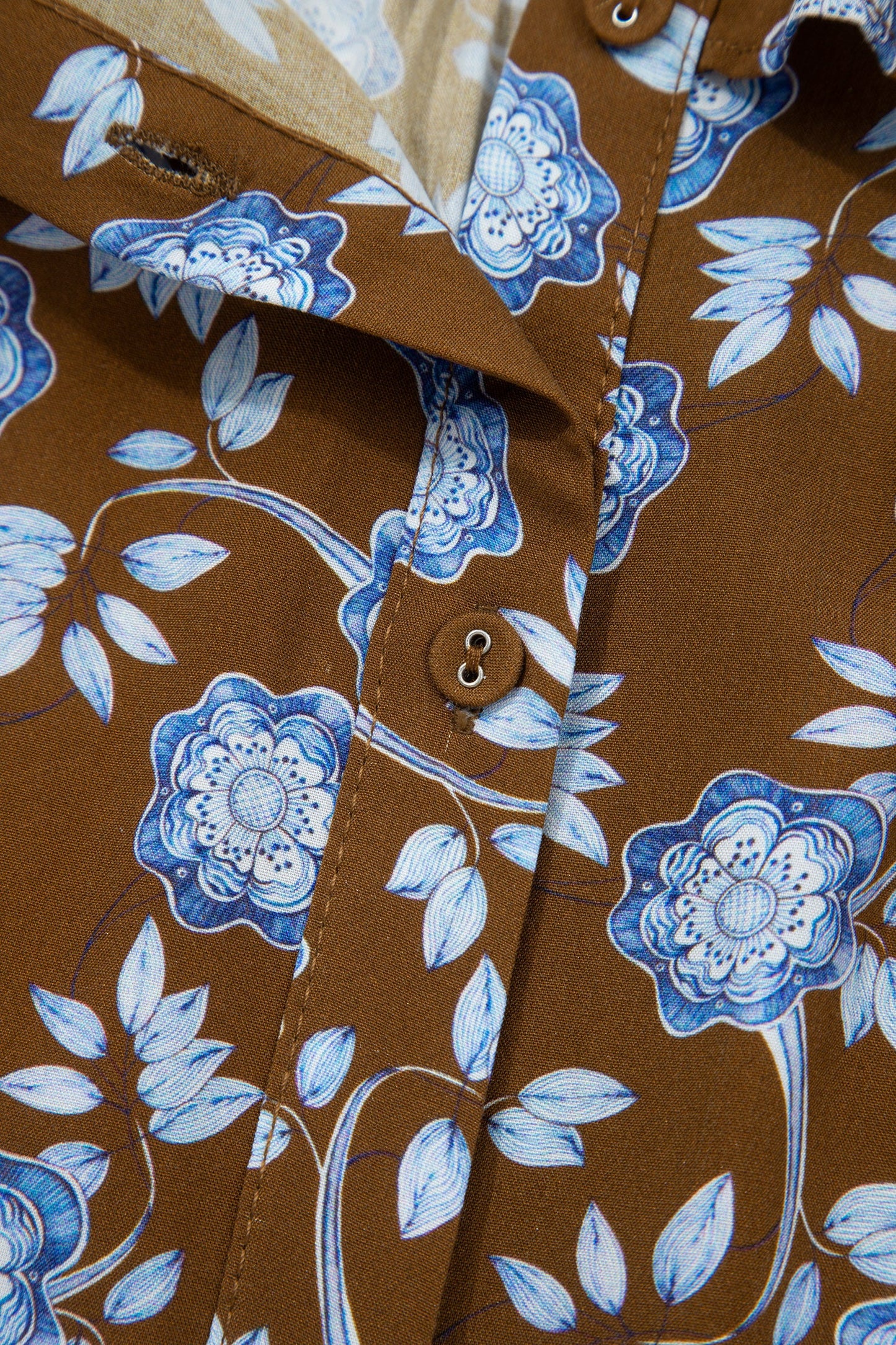 Brown Floral Print Ruffled Detail Shirt Collar Button Down Long Sleeve Dress