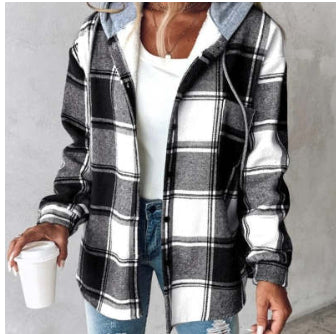 Plaid Hooded Jacket Fashion Casual Button Pocket Coat Autumn And Winter Women&
