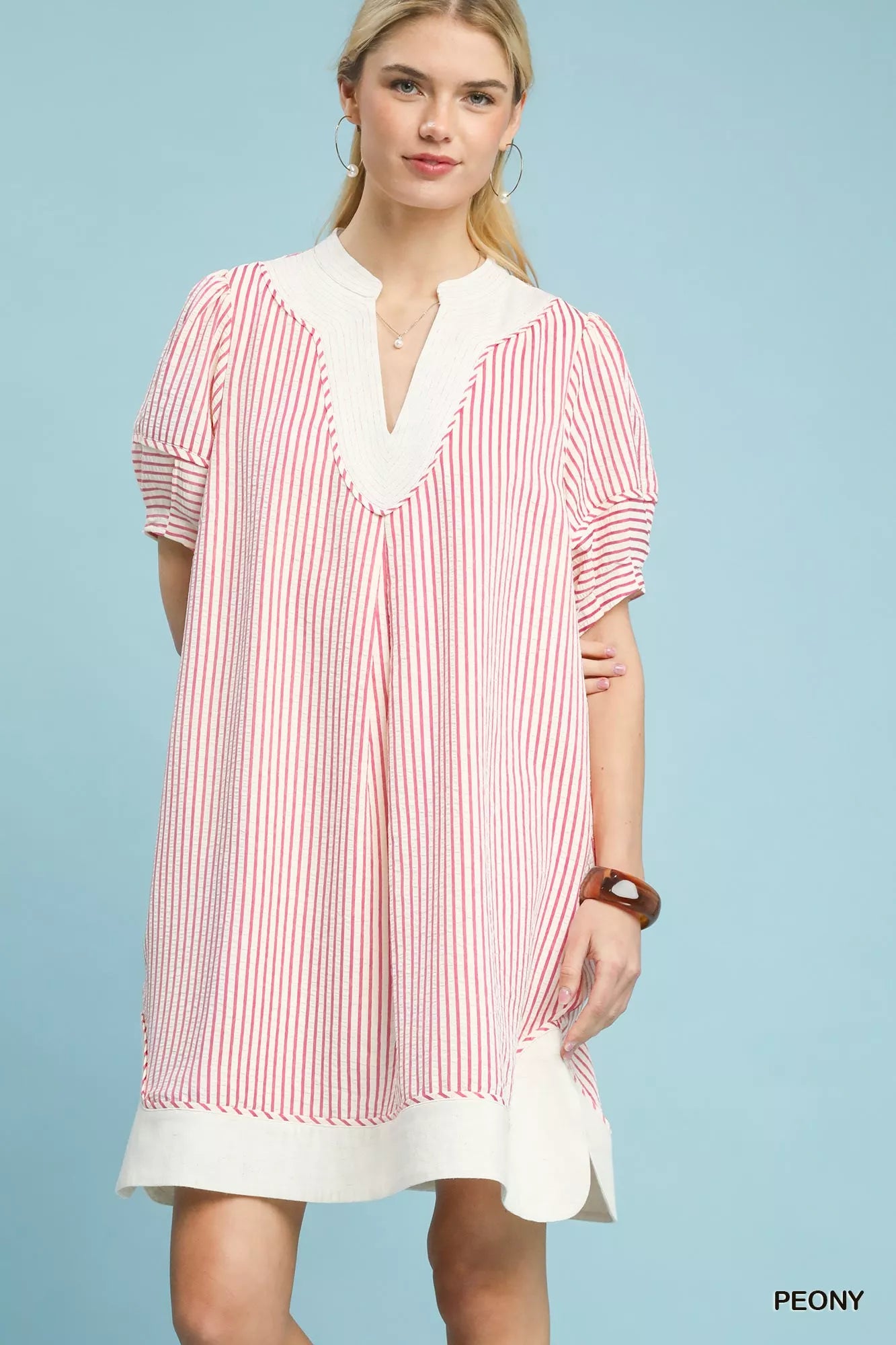 Pinstripe Shift Dress with Contrast Trim