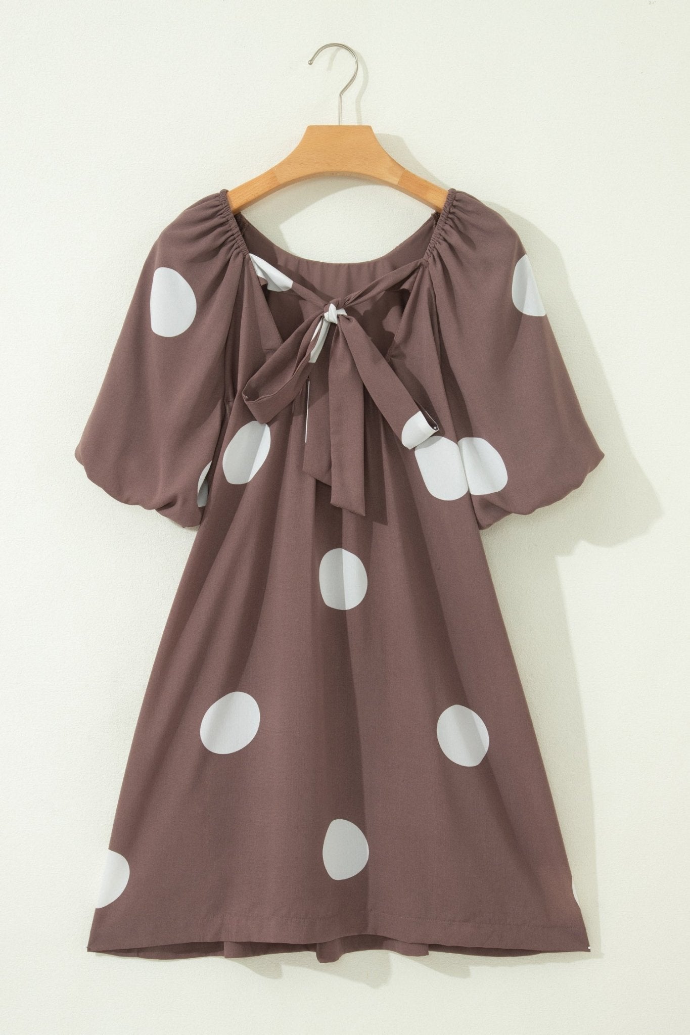 Brown Polka Dot Print Knot Back Short Puff Sleeve Loose Mini Dress - Loving It Shop