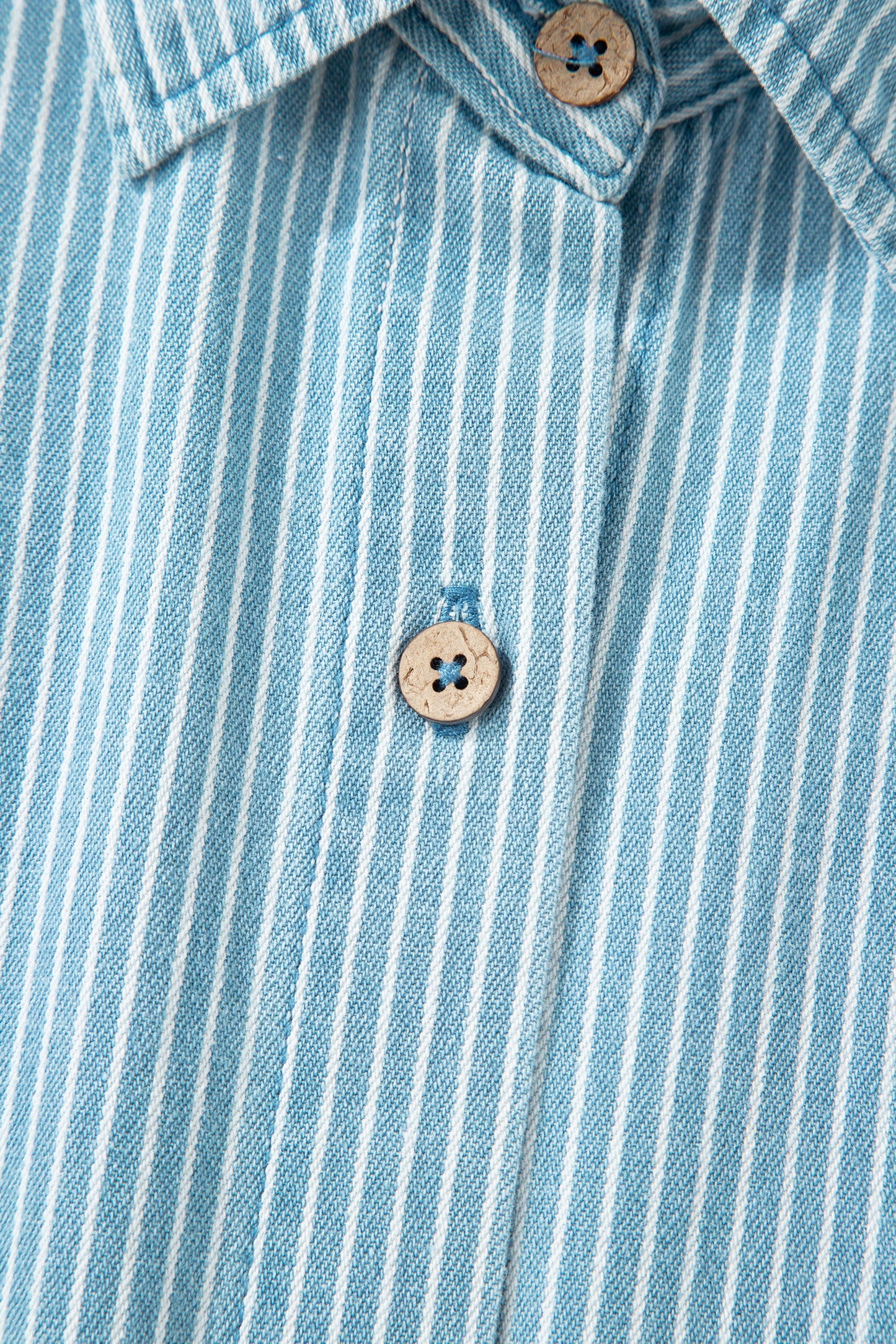 Sky Blue Stripe Cuffed Short Sleeve Button up Loose Shirt