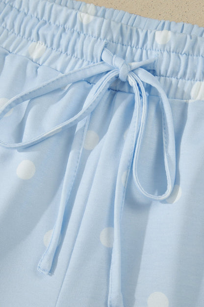 Sky Blue Exposed Seam Detail Polka Dot Loose Tee Drawstring Shorts Set - Loving It Shop