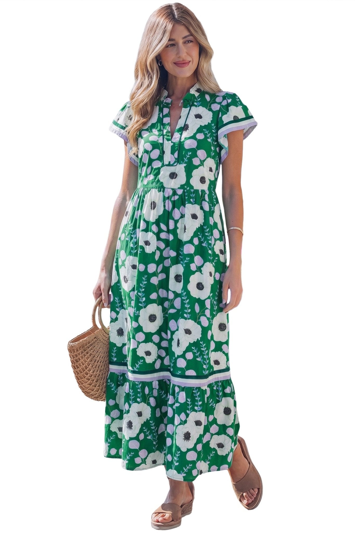 Green V Neck Ruffled Short Sleeve Flower Maxi Dress - Loving It Shop
