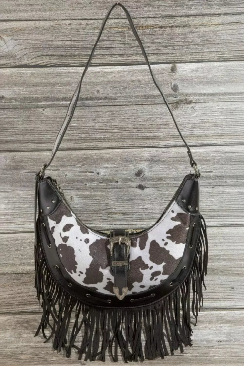 Cow Print Faux Leather Fringe Hobo Bag