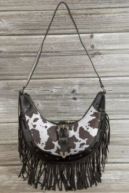Cow Print Faux Leather Fringe Hobo Bag