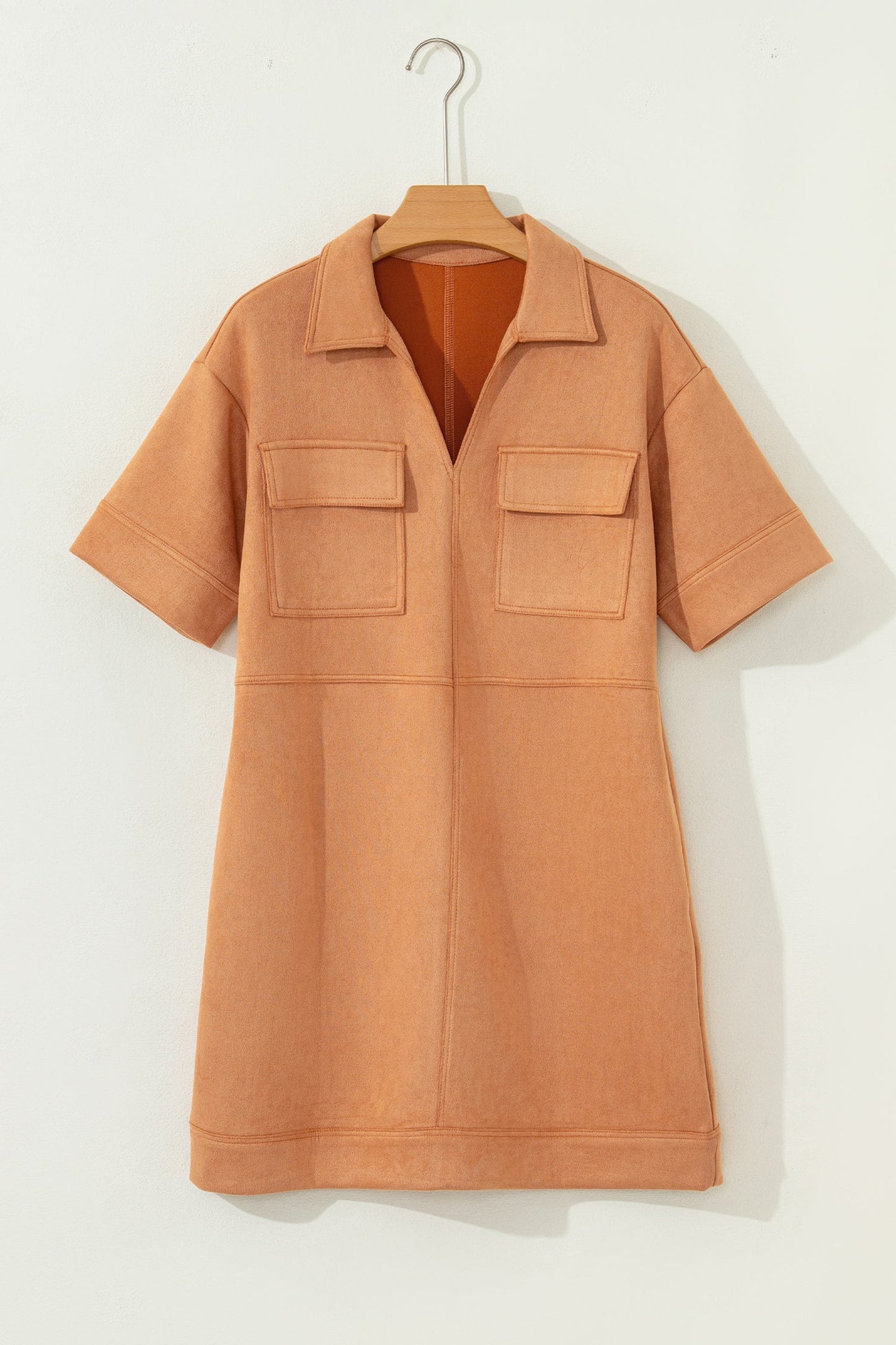 Thai Curry Collared V Neck Faux Suede Short Sleeve Shift Mini Dress