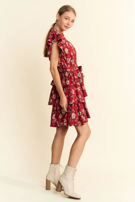 Davi &amp; Dani Ruffle Flutter Sleeve Tie Belt Tiered Mini Dress