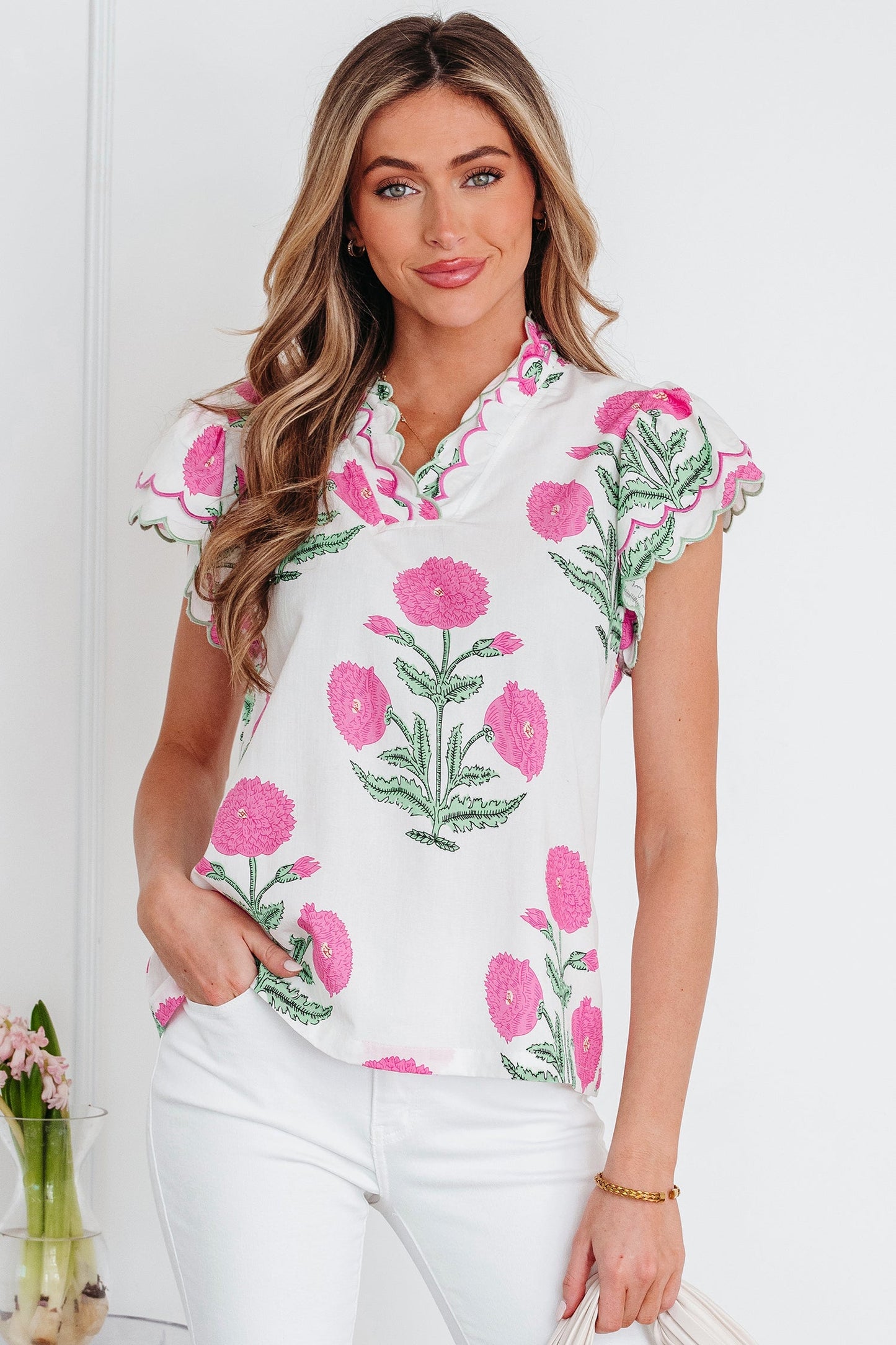 Pink Wild Flower Print Contrast Trim Scallop Detail Short Sleeve Blouse