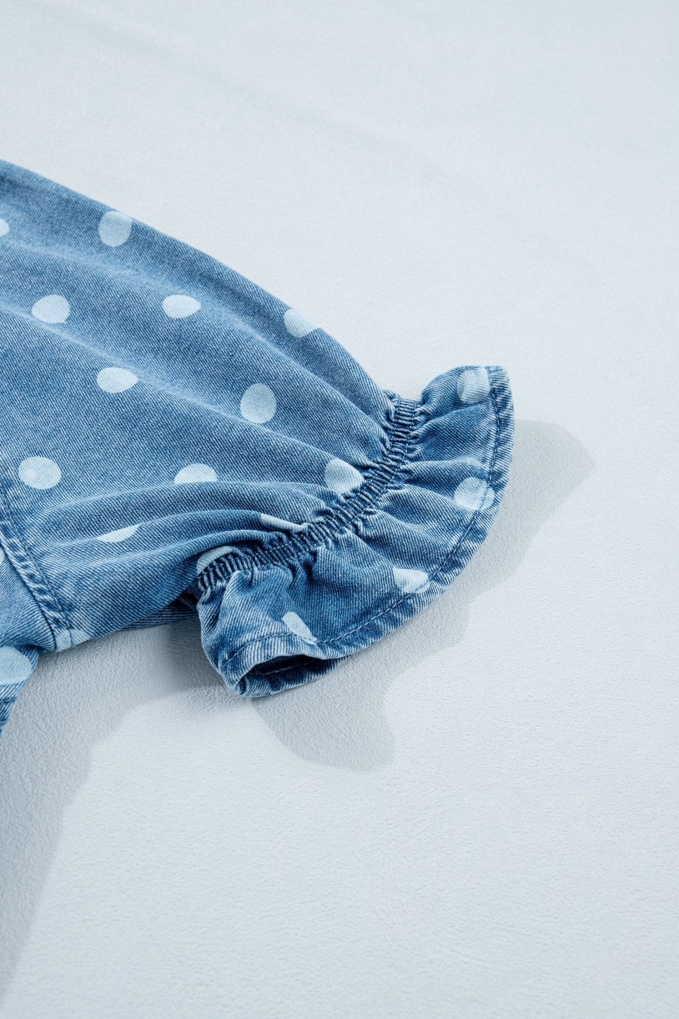 Sky Blue Polka Dot Print Ruffled Short Puff Sleeve Button Down Loose Denim Dress - Loving It Shop