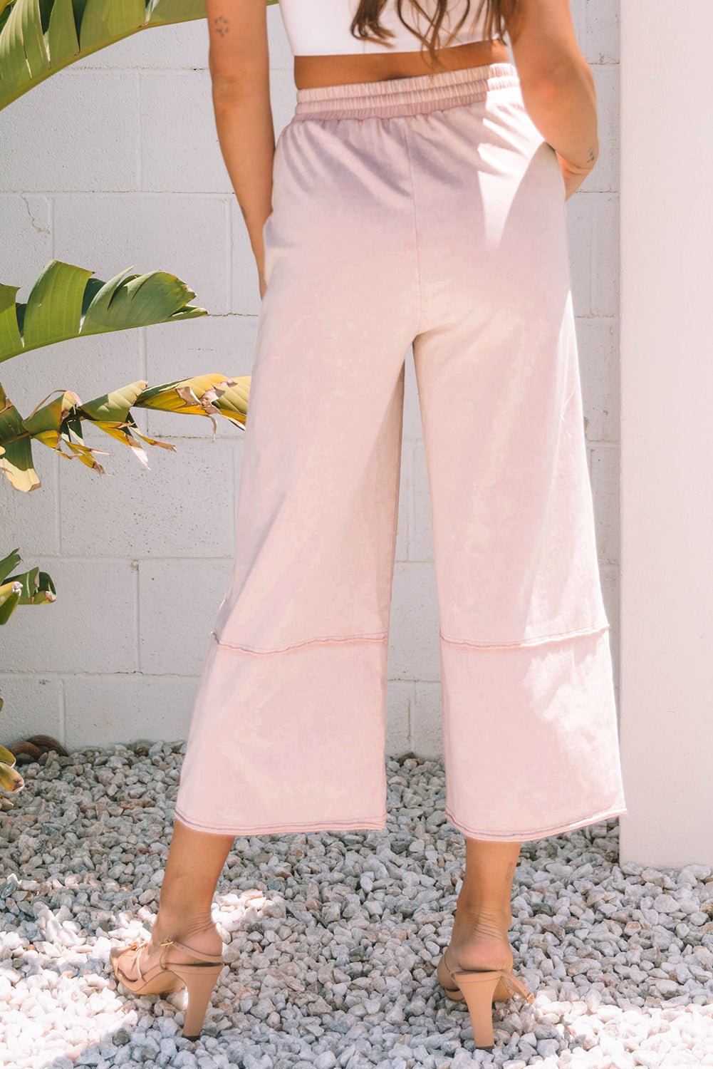 Pink Flower Patch Mineral Washed Terry Knit Cropped Wide Leg Pants - Loving It Shop