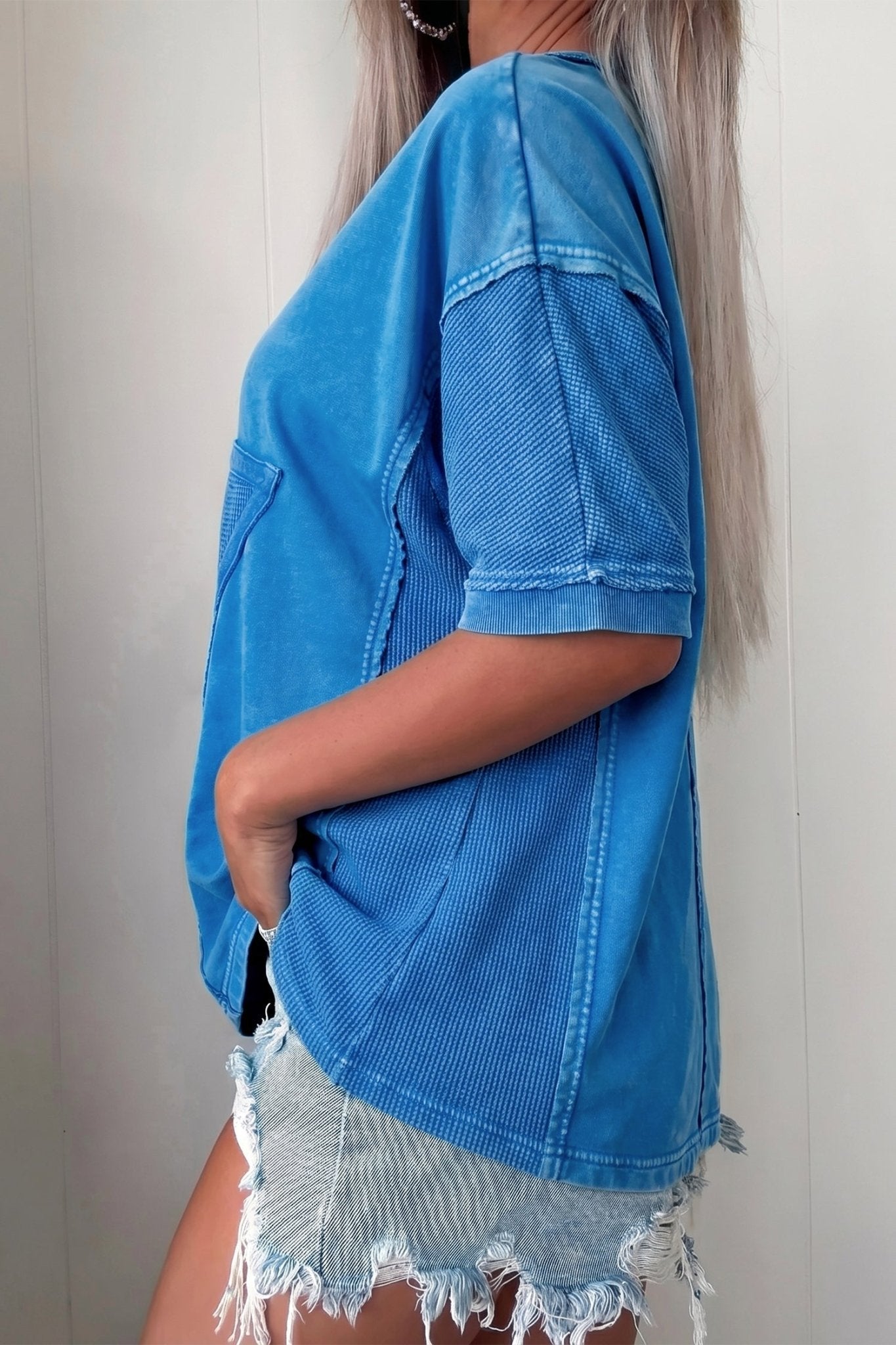 Blue Mineral Wash Star Mesh Patchwork Oversize Tee - Loving It Shop