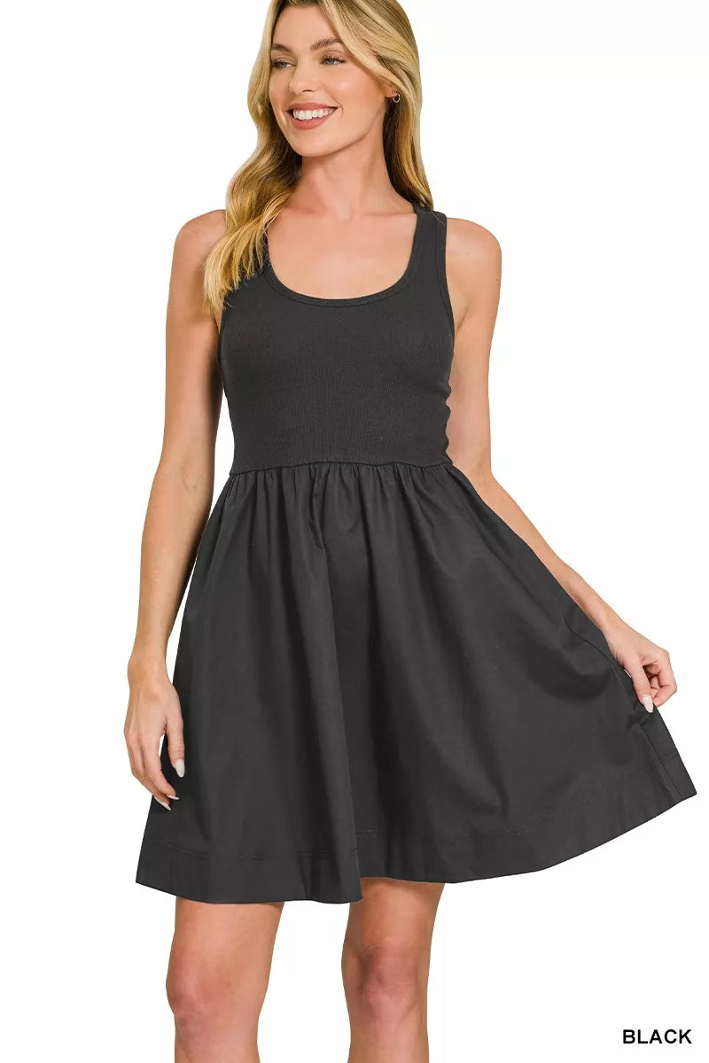 Combined Knit &amp; Woven Midi Dress
