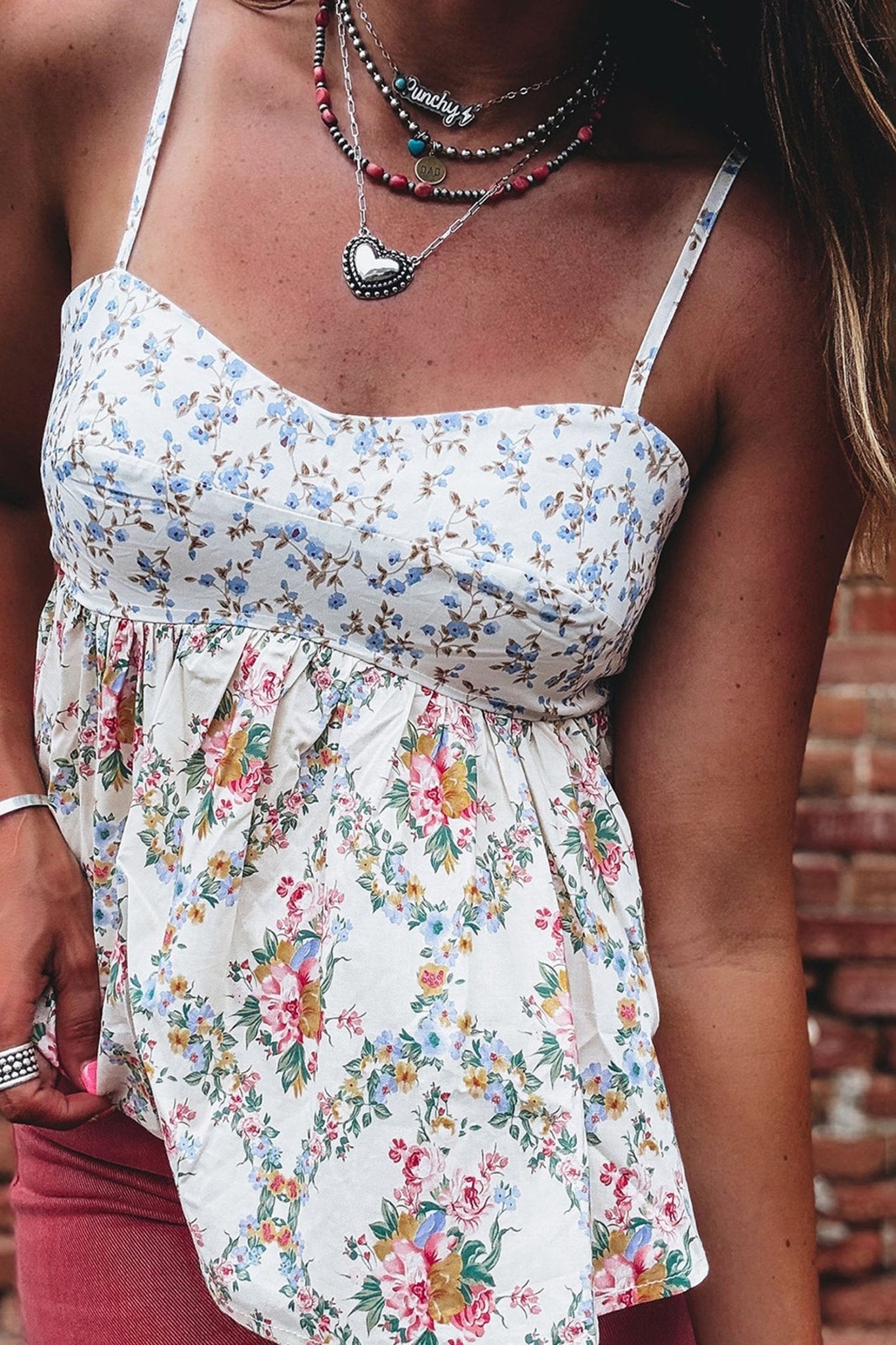 White Contrast Floral Printed Patchwork Spaghetti Straps Babydoll Top - Loving It Shop