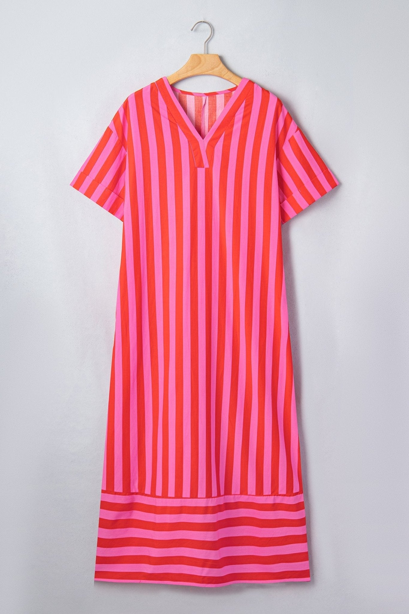 Red Stripe V Neck Cuffed Sleeve Relaxed Split Midi Dress - Loving It Shop