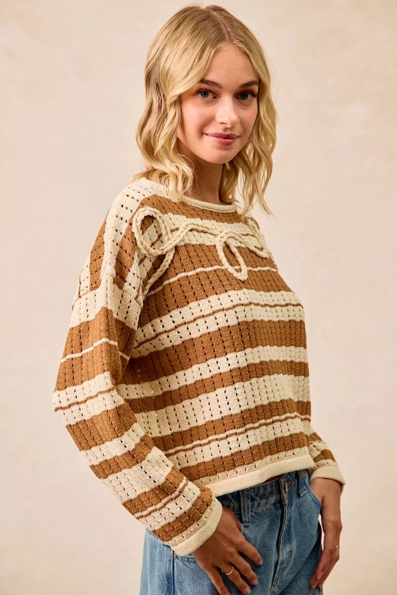 Striped Open Knit Sweater Top with Front Braided Detail