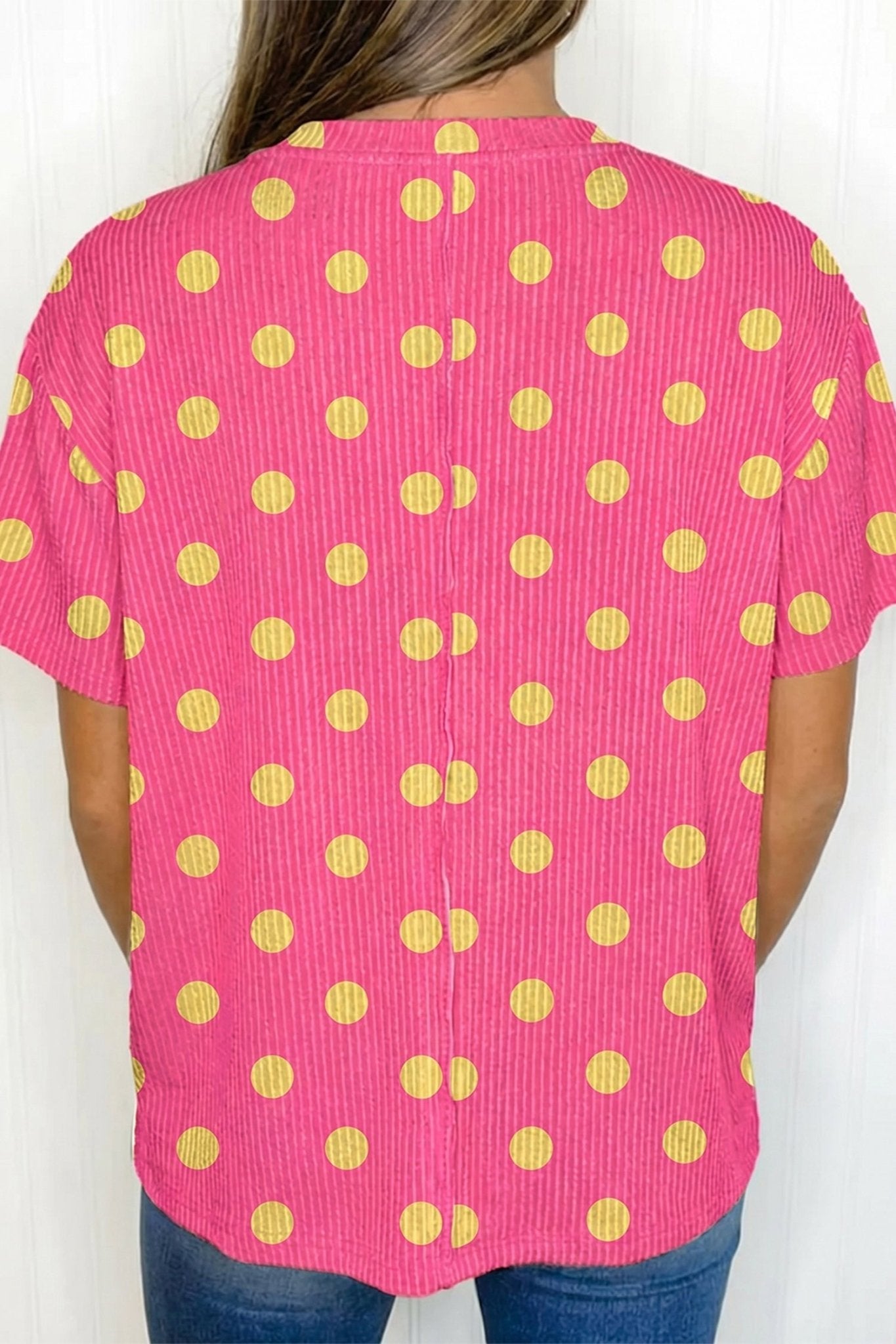 Pink Polka Dot Round Neck Drop Shoulder Patch Pocket Jacquard Texture Top - Loving It Shop