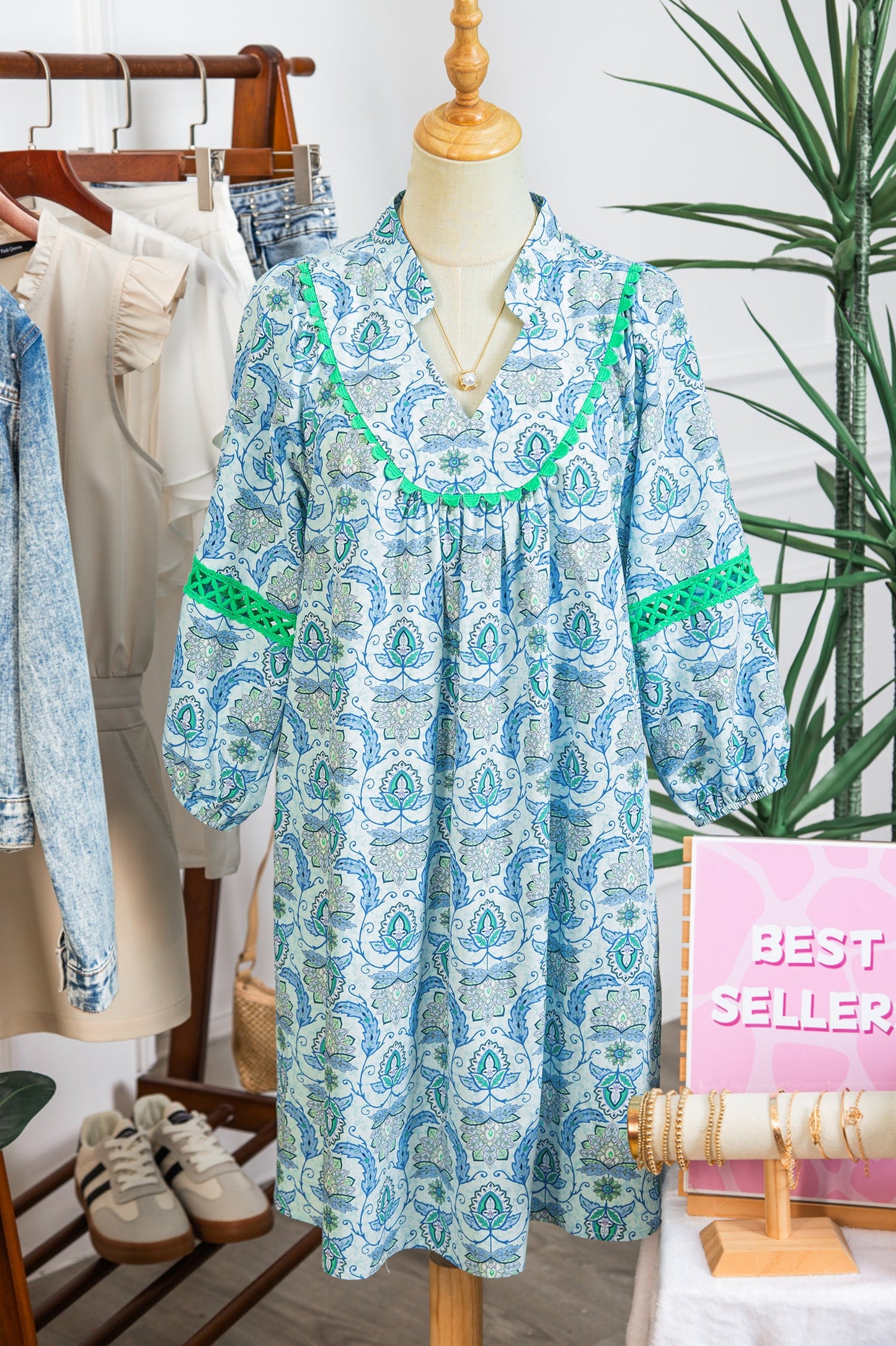 Sky Blue Boho Paisley Print Contrasted Patchwork Detail Bracelet Sleeve Loose Mini Dress