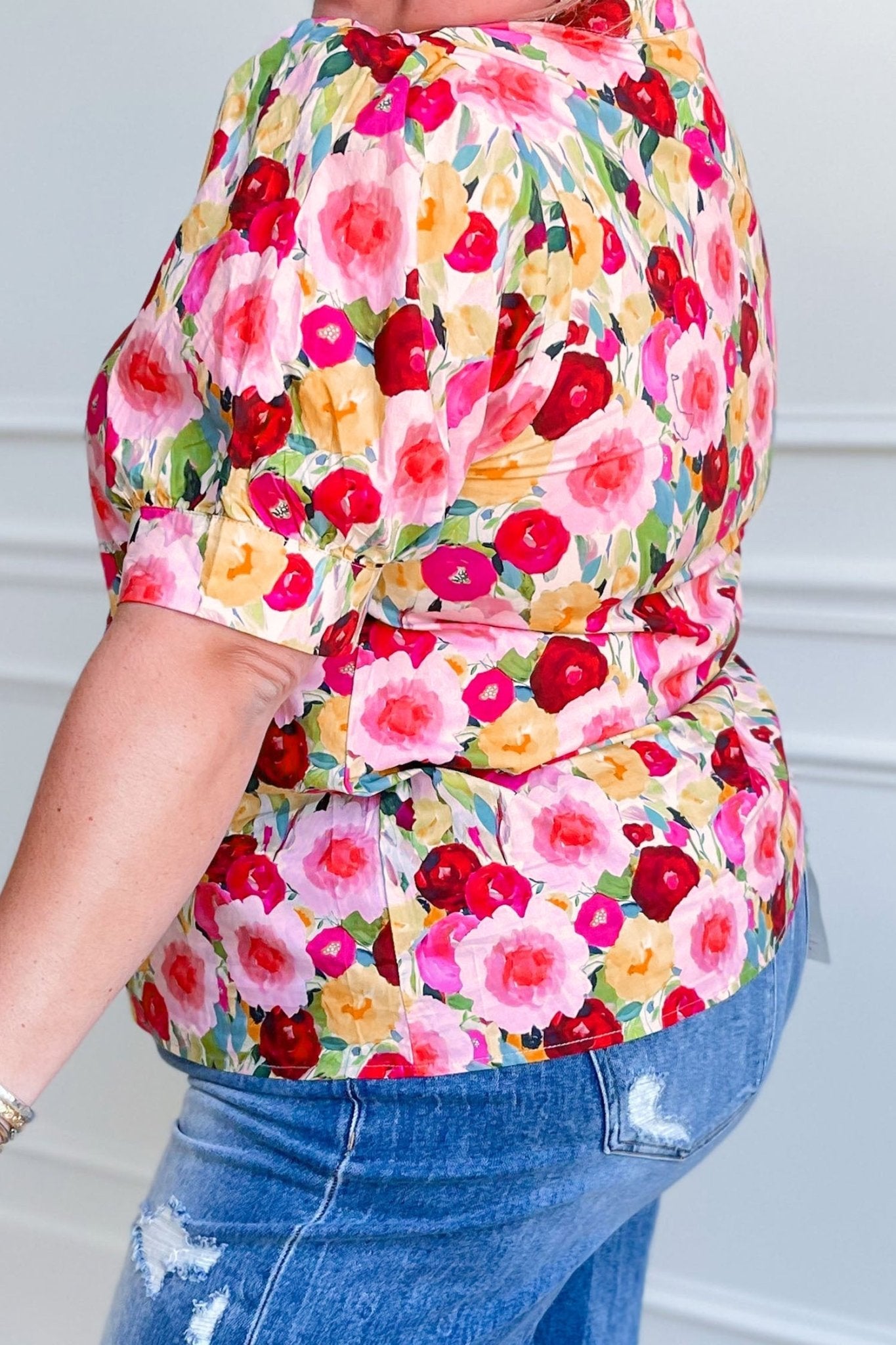 Pink Plus Size Flower Print Split V Neck Puff Short Sleeve Top - Loving It Shop