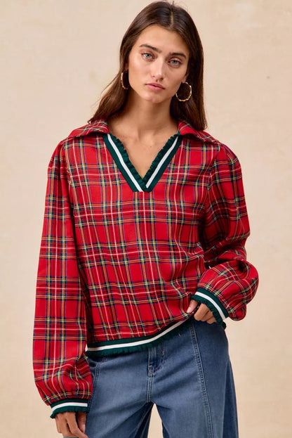 Christmas Plaid Collared Top with Ruffled Detail