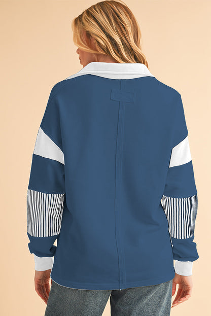 Dark Blue Striped Patchwork Collar Sweatshirt