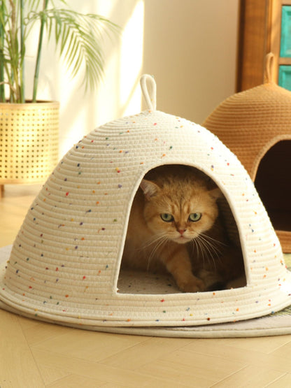 Cozy Rope Woven Cat Cave Bed with Handle