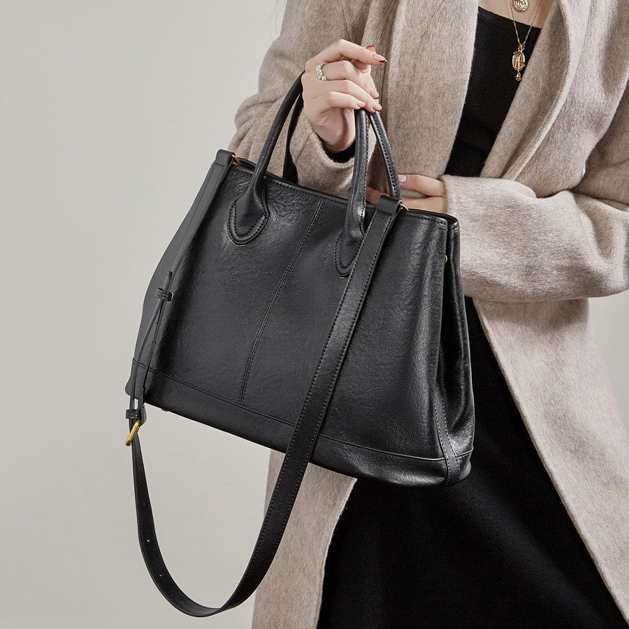 Simple High-Capacity Top-Grain Leather ToteCrossbody Bag For Women