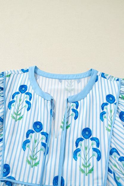 Sky Blue Floral Striped Bubble Short Sleeve Plus Size Dress - Loving It Shop