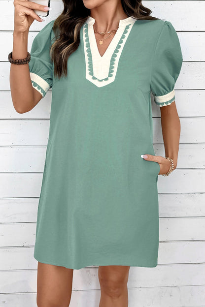 Canton Scallop Color Block Trim Puff Sleeve Mini Dress - Loving It Shop