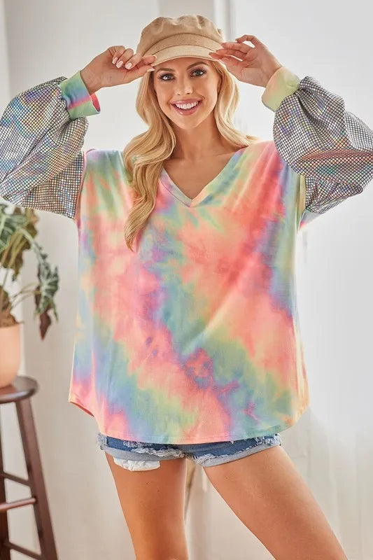 V Neck Tie Dye French Terry Top with Shiny