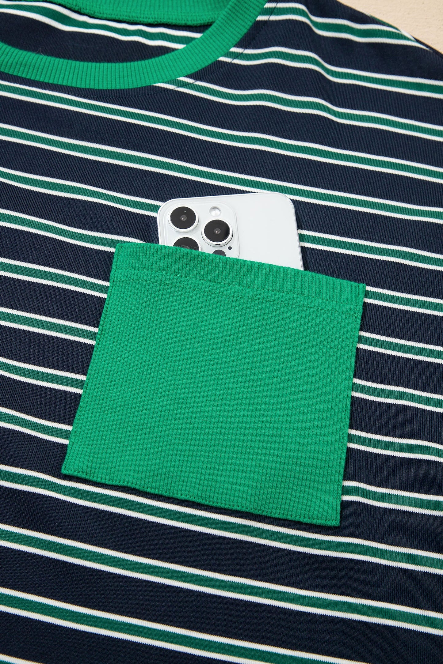Green Stripe Ribbed Color Block Patchwork Crew Neck Patch Pocket Long Sleeve Top