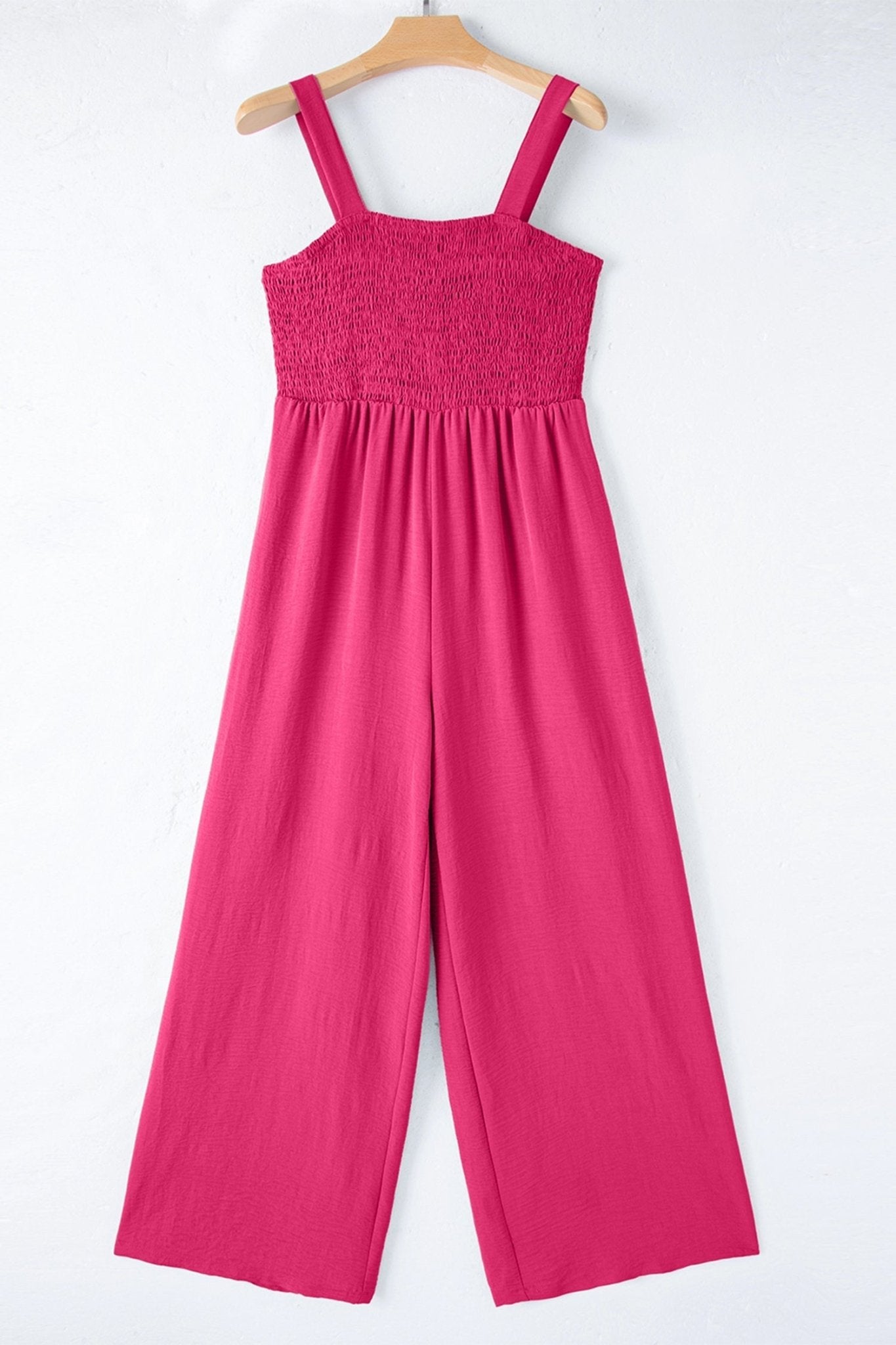 Rose Red Smocked Square Neck Sleeveless Jumpsuit with Pockets - Loving It Shop