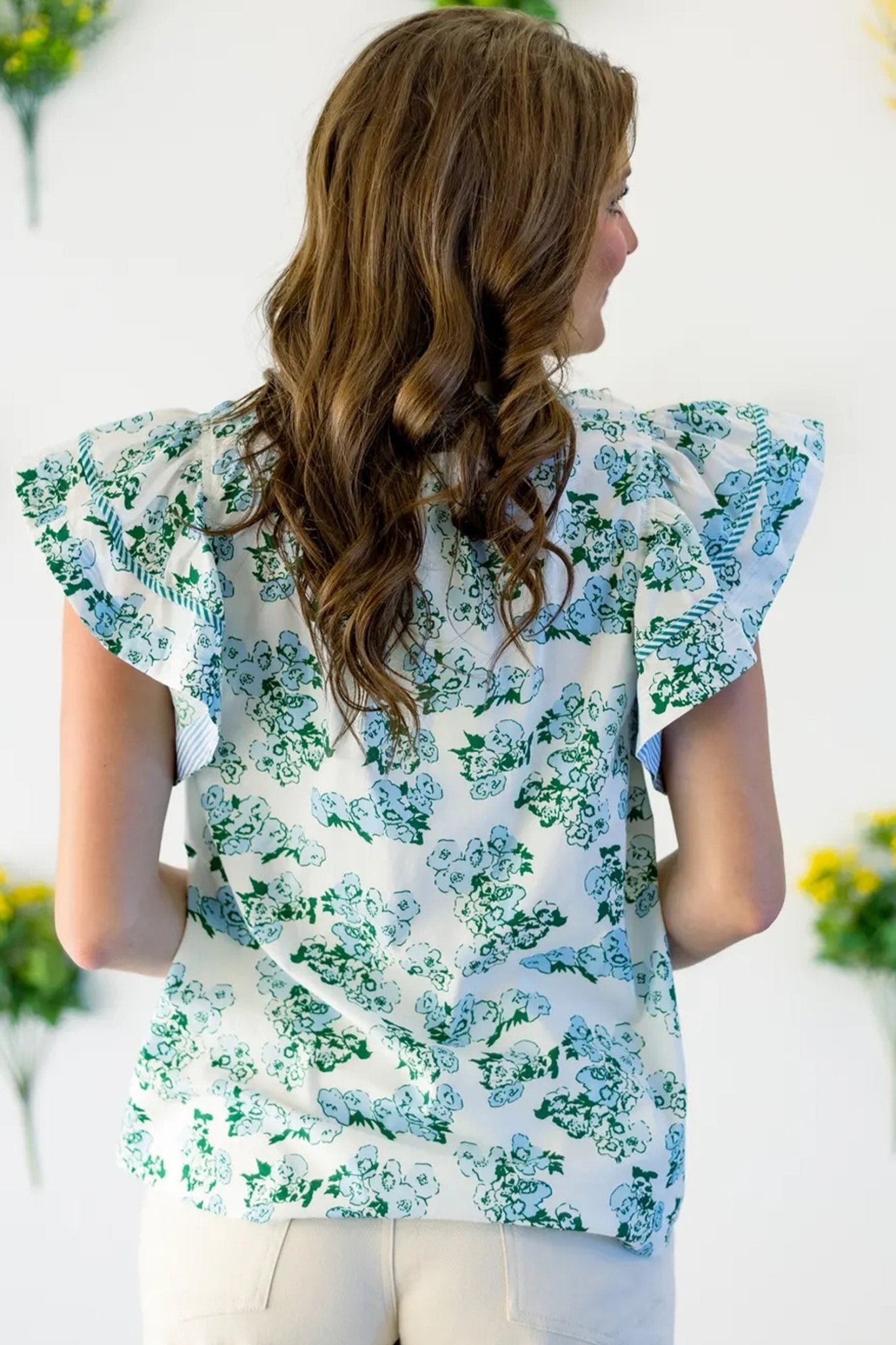 Green Floral Meets Stripes V Neck Flutter Sleeve Blouse - Loving It Shop