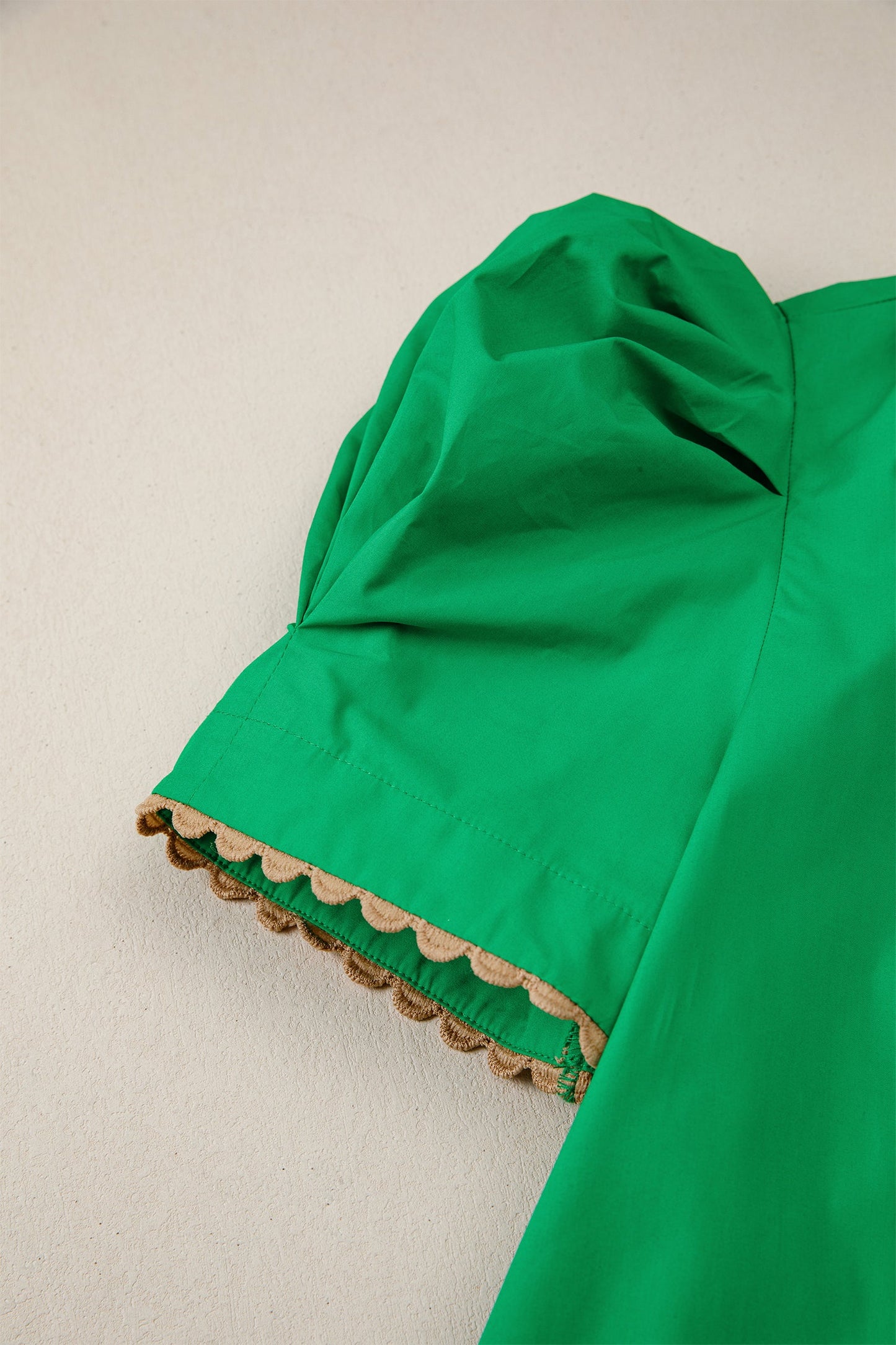 Bright Green Ricrac Trim Color Block Patchwork Shirt Collar Short Sleeve Blouse