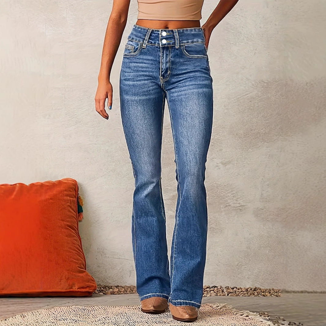 Skinny Flared Jeans With Pockets Fashion Button Zipper Trousers Women&