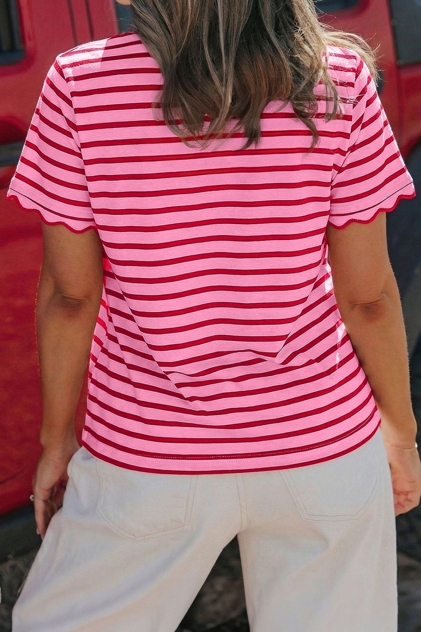 Pink Stripe Scalloped Trim Round Neck T Shirt - Loving It Shop