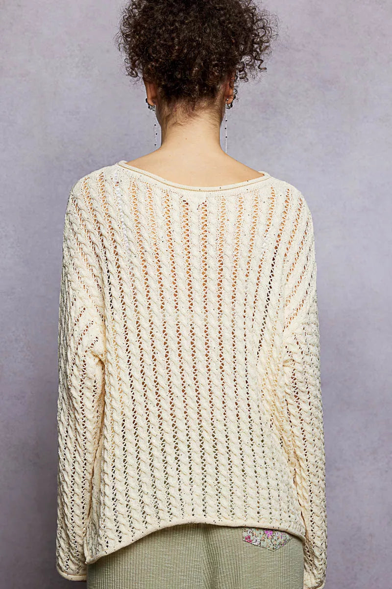 Openwork Round Neck Knit Top with Shiny Detail