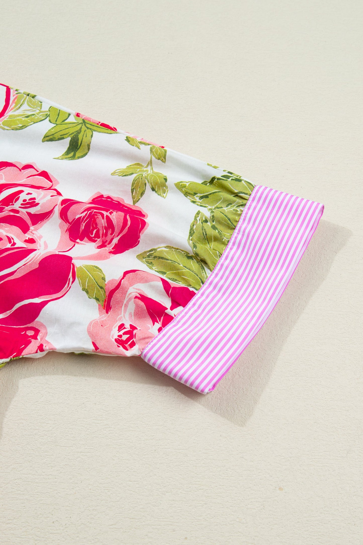 Pink Flower Print Striped Trim Frilled Collar Short Sleeve Shirt