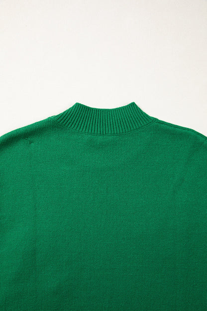 Bright Green Corded Horseshoes Ribbed Trim Mock Neck Short Sleeve Sweater