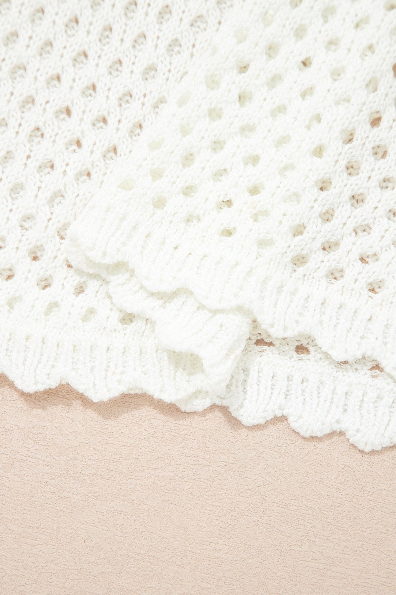 White Scalloped Trim Hollow Out Knit Long Sleeve Top - Loving It Shop