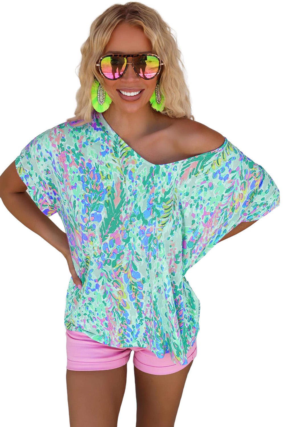Green Loose Painted Floral Tee - Loving It Shop