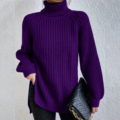 Turtleneck Pullover Sweater With Split Design Fashion Simple Solid Color Long Sleeve Tops Women&
