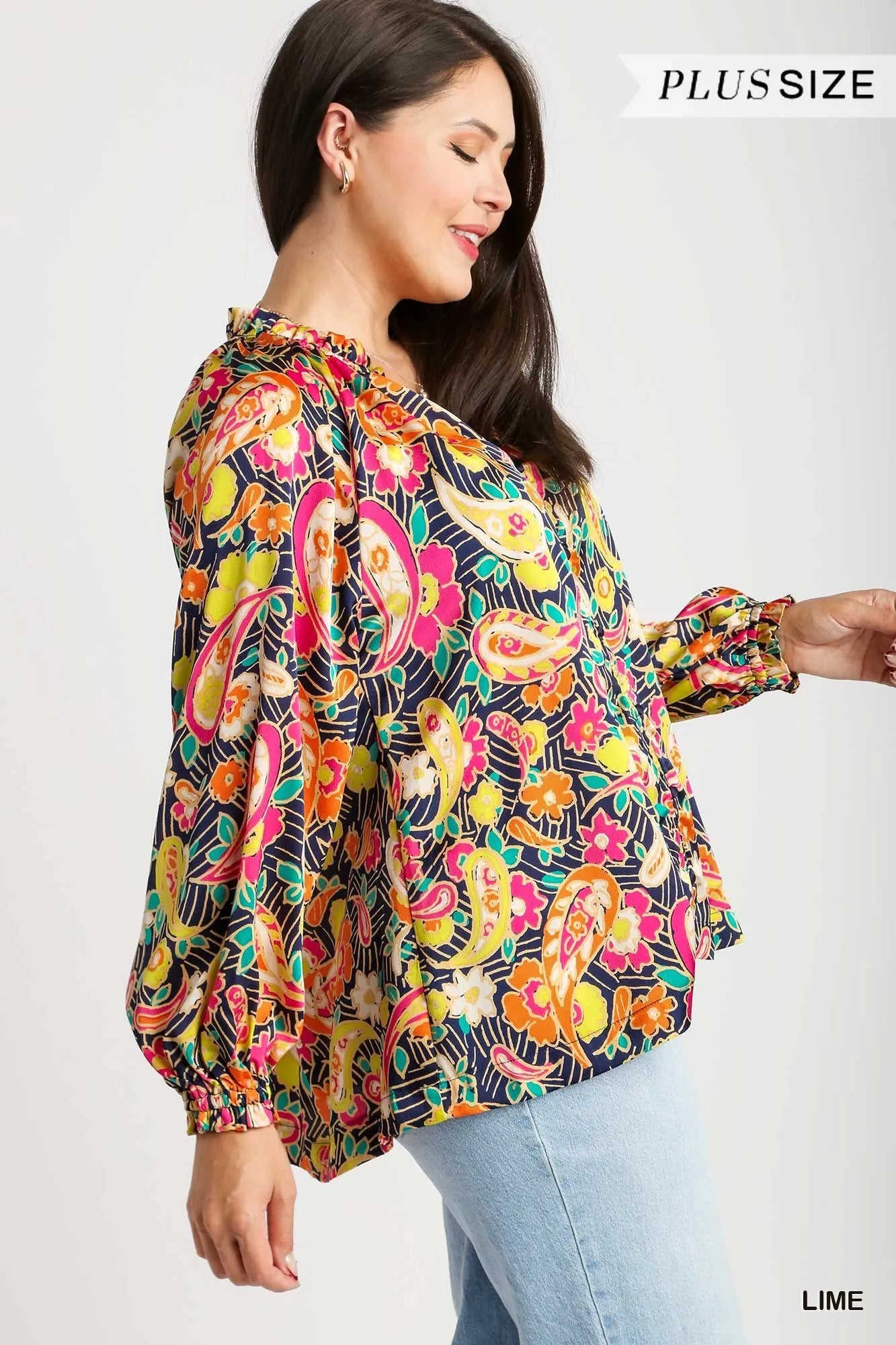 Full Size Satin Paisley Ruffle Neck Button-Up Shirt Plus Size