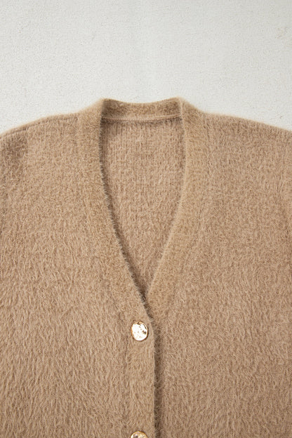 Smoke Gray Fuzzy Buttoned Front Midi Solid Cardigan