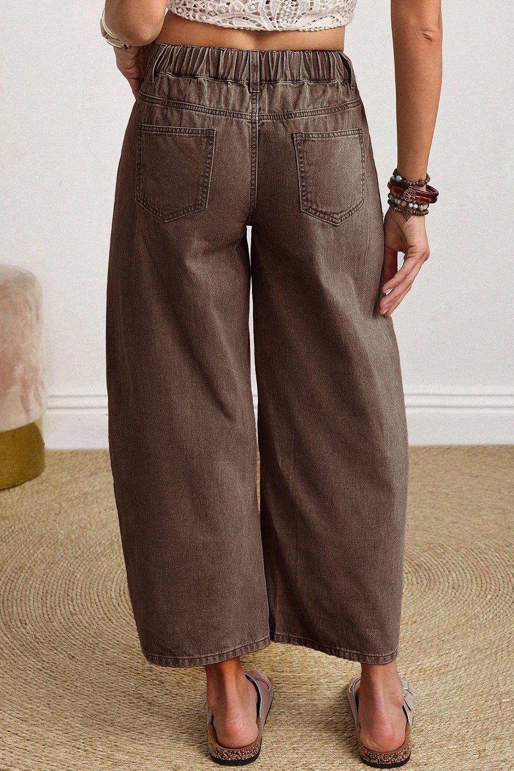 Coffee Solid Color Square Patch Pocket Ankle - length Barrel Jeans - Loving It Shop