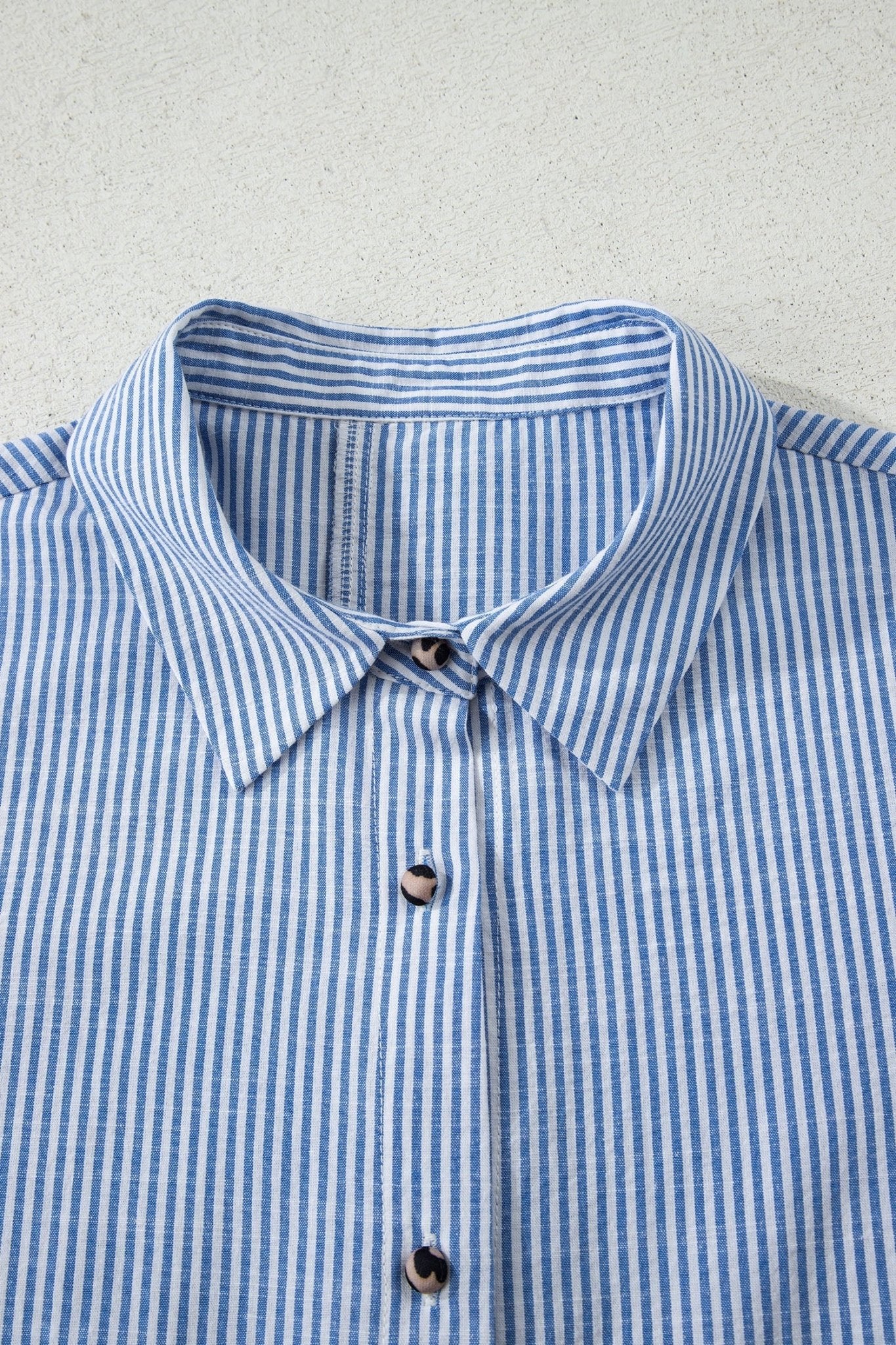 Sky Blue Stripe Contrast Frilled Leopard Trim Casual Long Sleeve Shirt - Loving It Shop