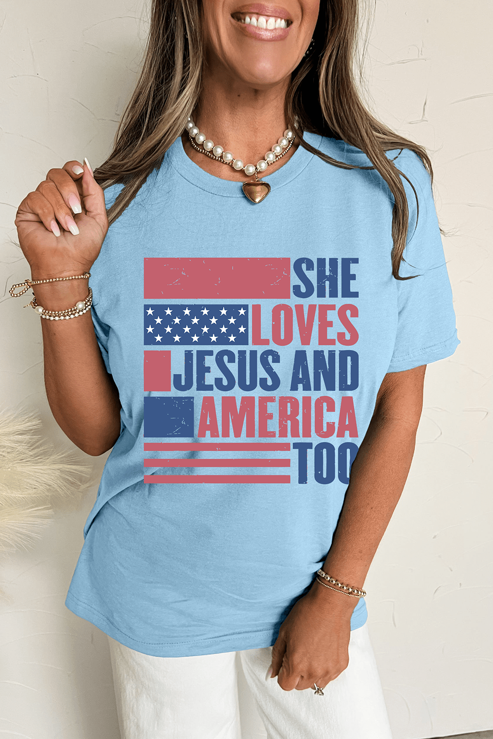 Light Blue SHE LOVES JESUS AND AMERICA TOO Flag Graphic T Shirt - Loving It Shop