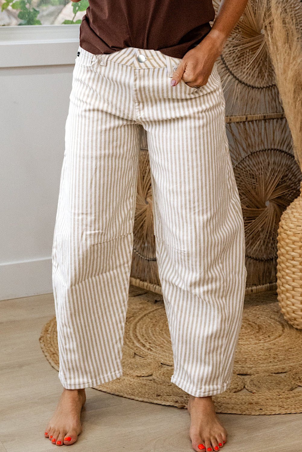 Khaki Stripe Casual Barrel Jeans - Loving It Shop